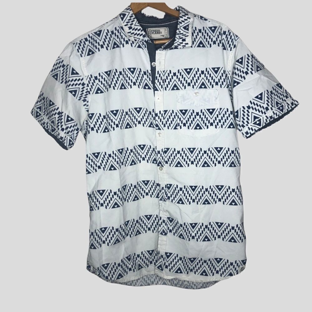 FREE PLANET Shirt, Short Sleeve, Button Down, white with blue pattern size L